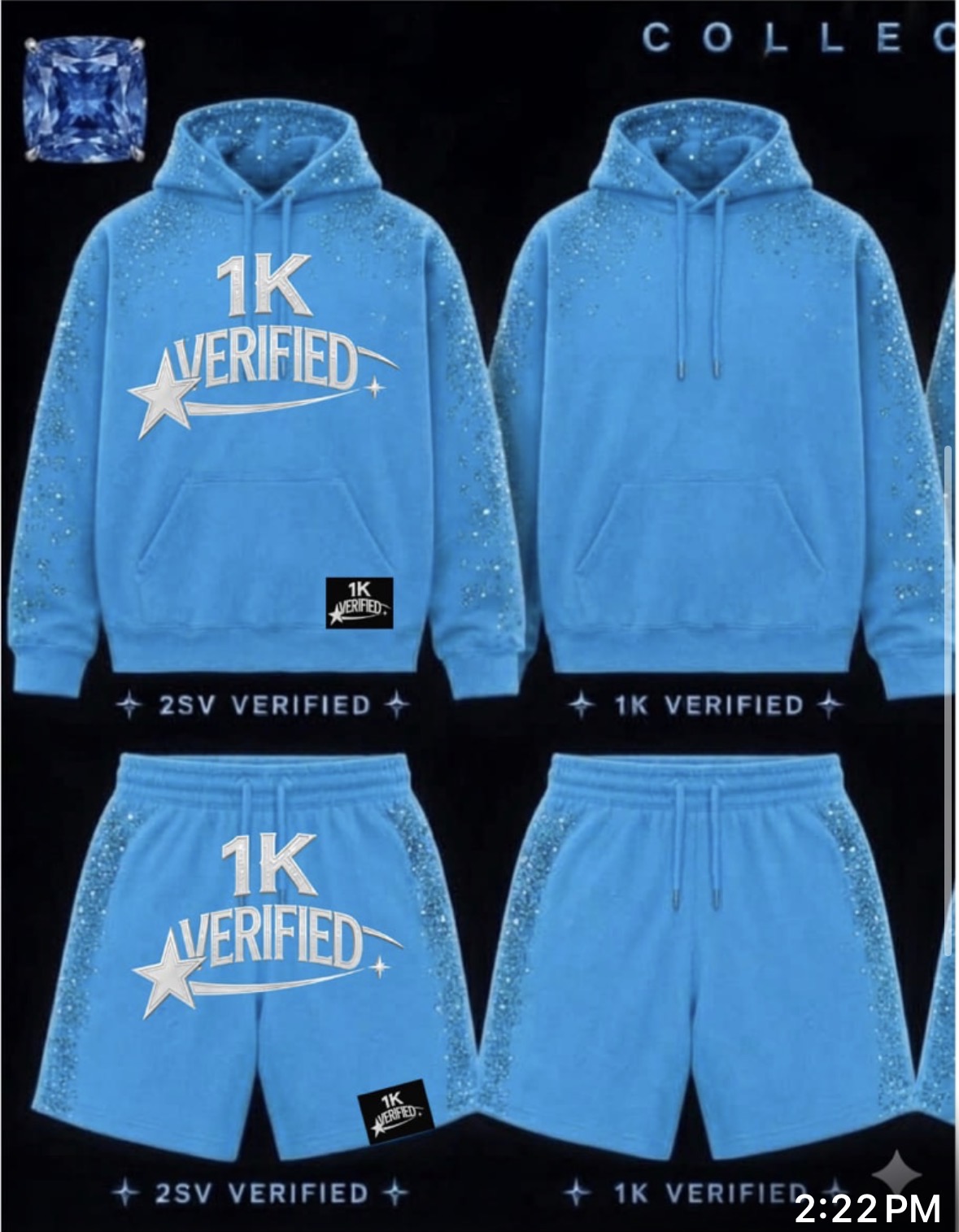 Blue '1K Verified' hoodie and shorts set with brand logo on a black background